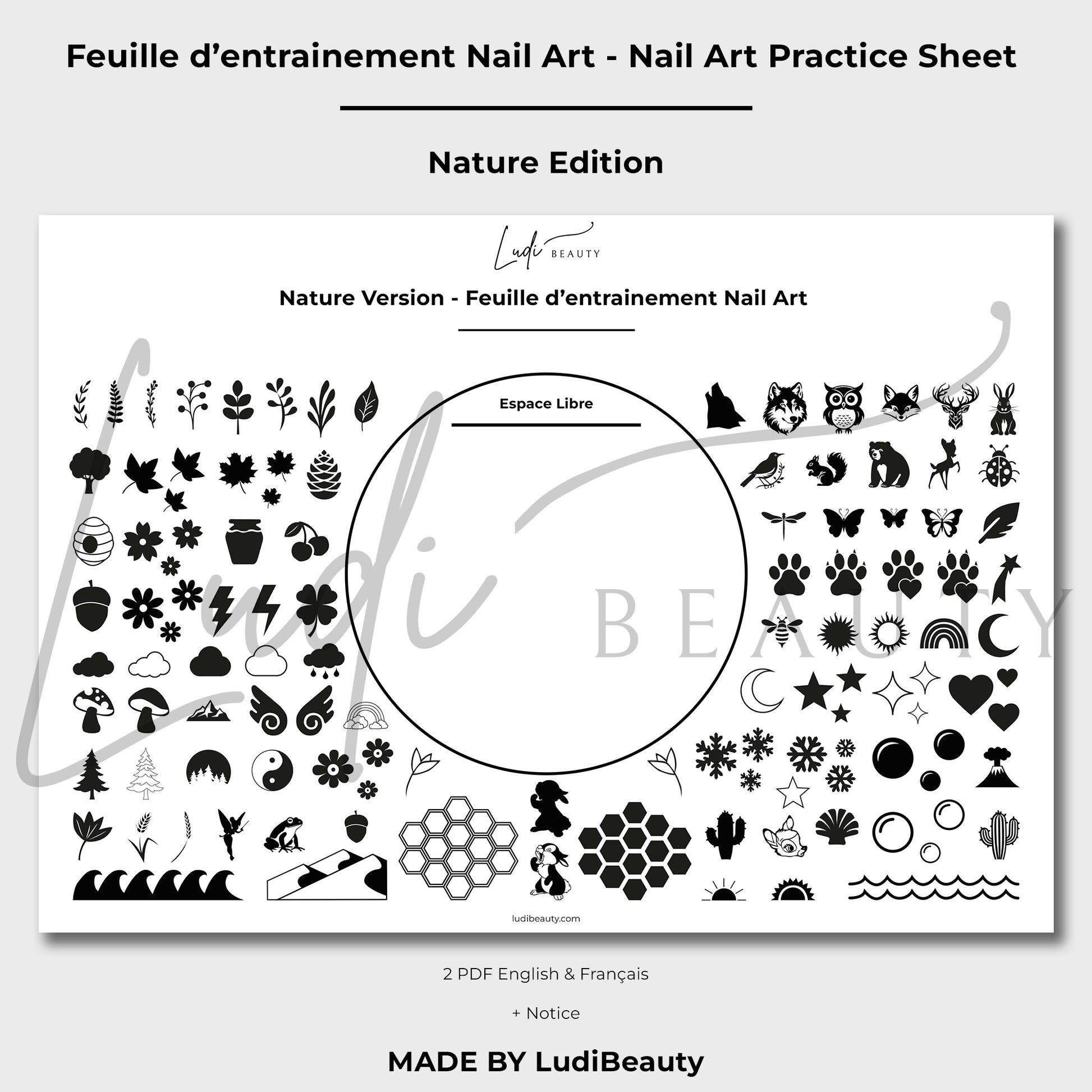 Feuille d'entrainement Nail Art pour Nature - Pochoirs Nature - Planches de motifs nature pour ongles